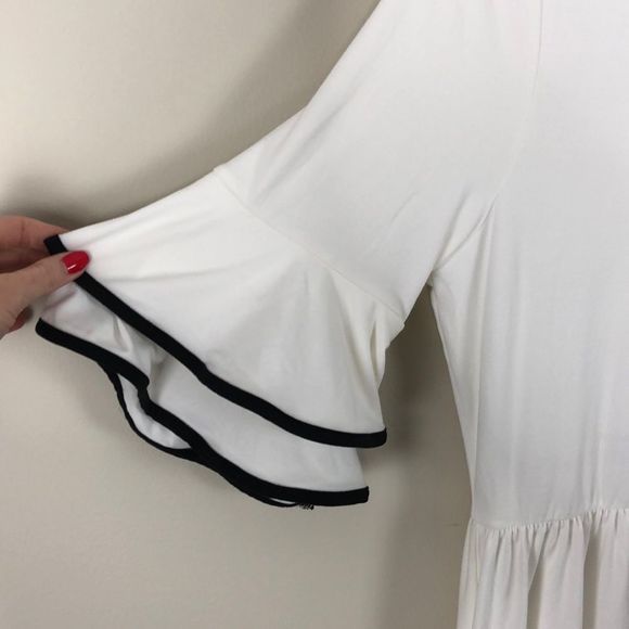 White Midi Dress with Pockets Contrast Black Trim Layered Ruffle Sleeves - Picture 4 of 7